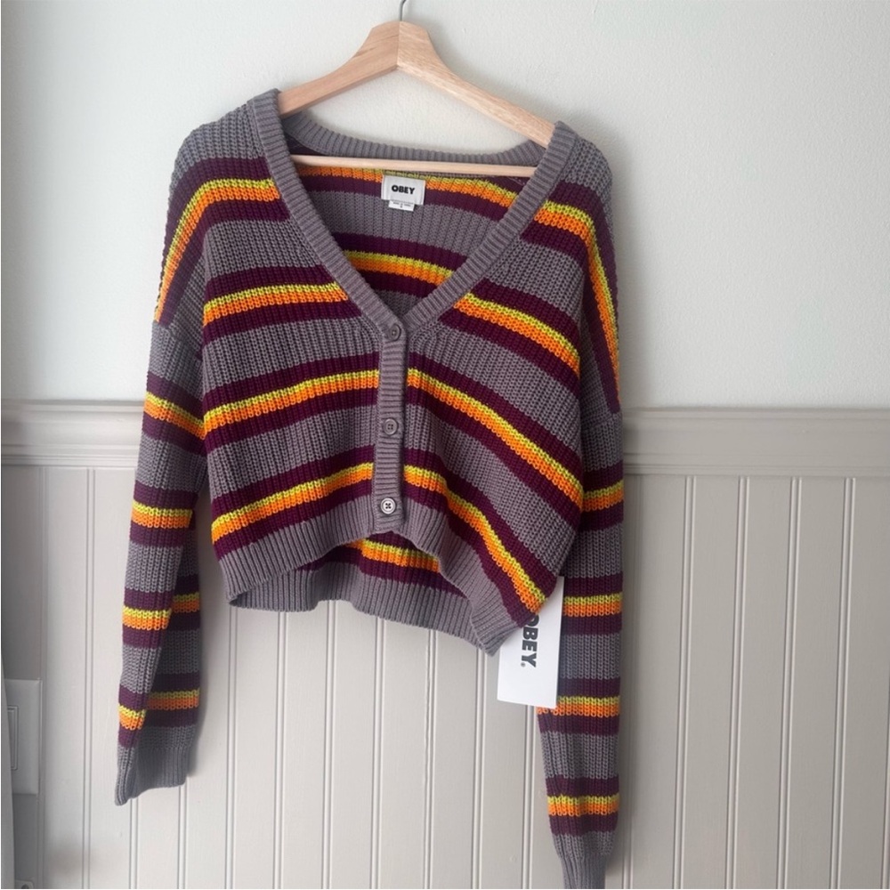 ⭐️ NEW OBEY Multicolor Striped Women's Eraser Cropped Cardigan size small